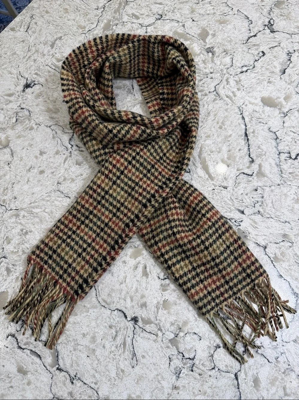 Foxford Ireland 100% Lambswool Plaid Houndstooth Scarf Tan Brown Green Fringe
